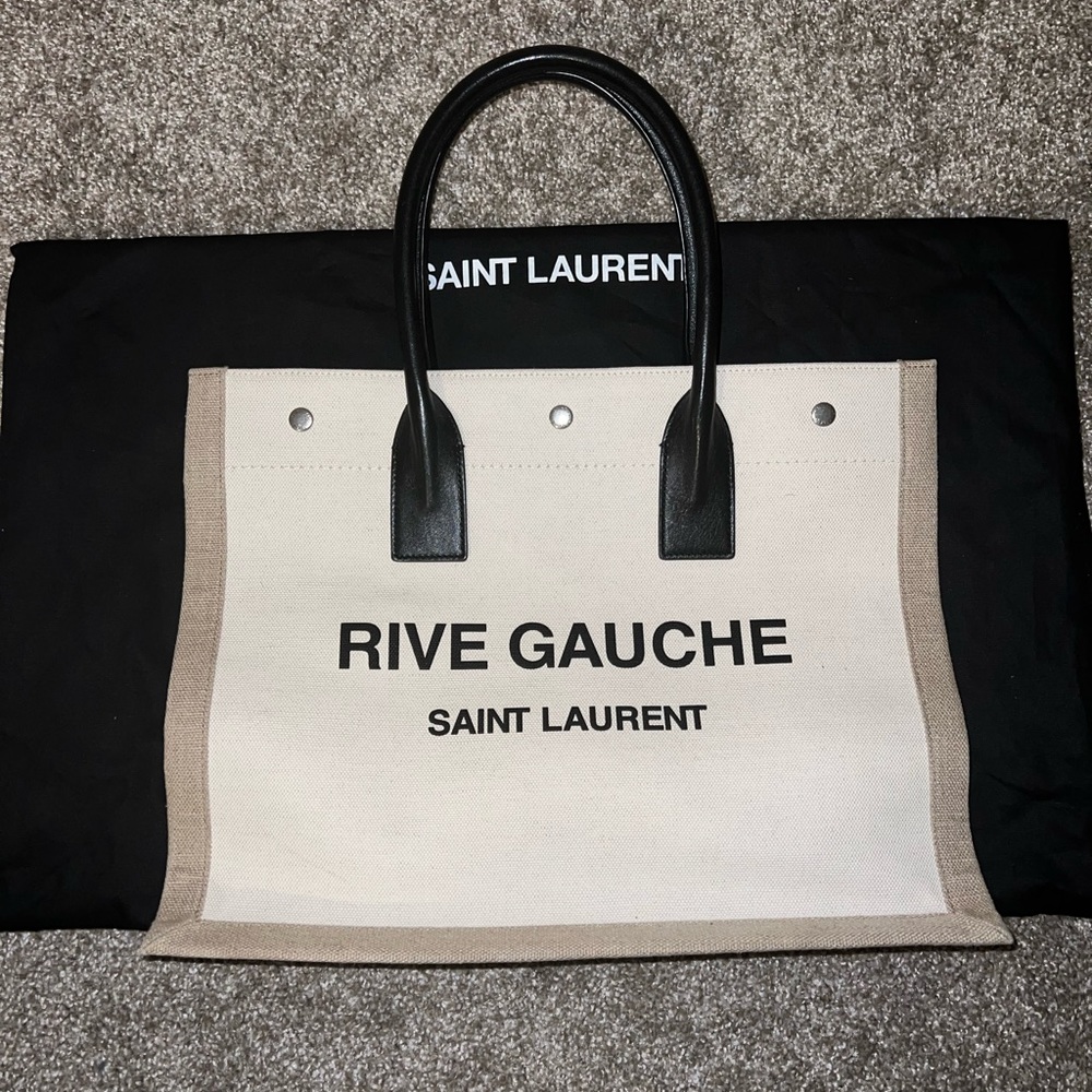 RIVE GAUCHE SMALL TOTE BAG IN LINEN AND LEATHER